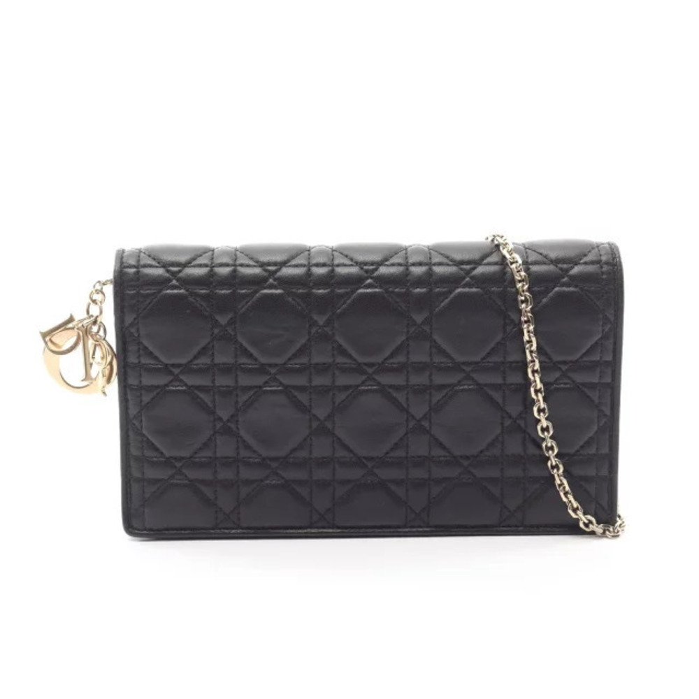 Christian Dior Lady Pouch Clutch Cannage Shoulder Bag Leather Black